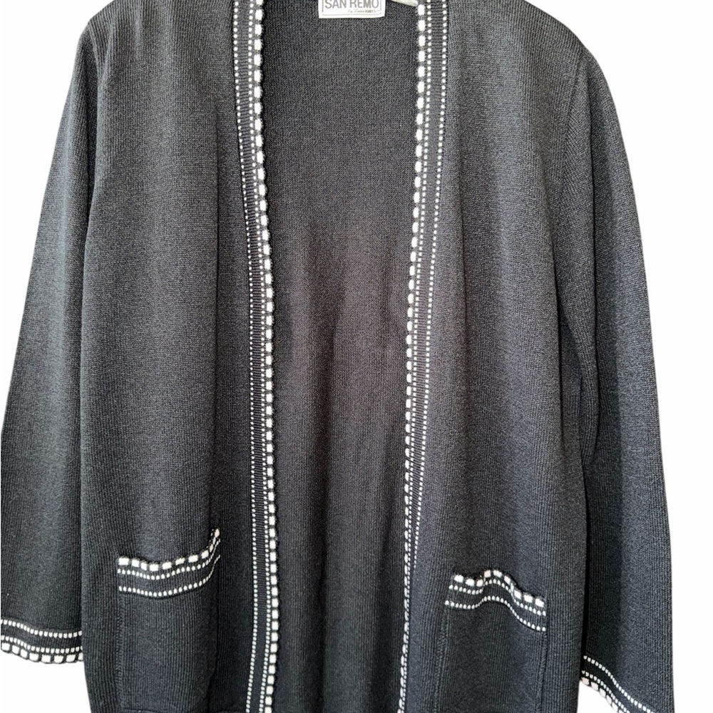 Vintage San Remo Black Open Cardigan Sweater White Trim Pockets Women’s Knit Med
